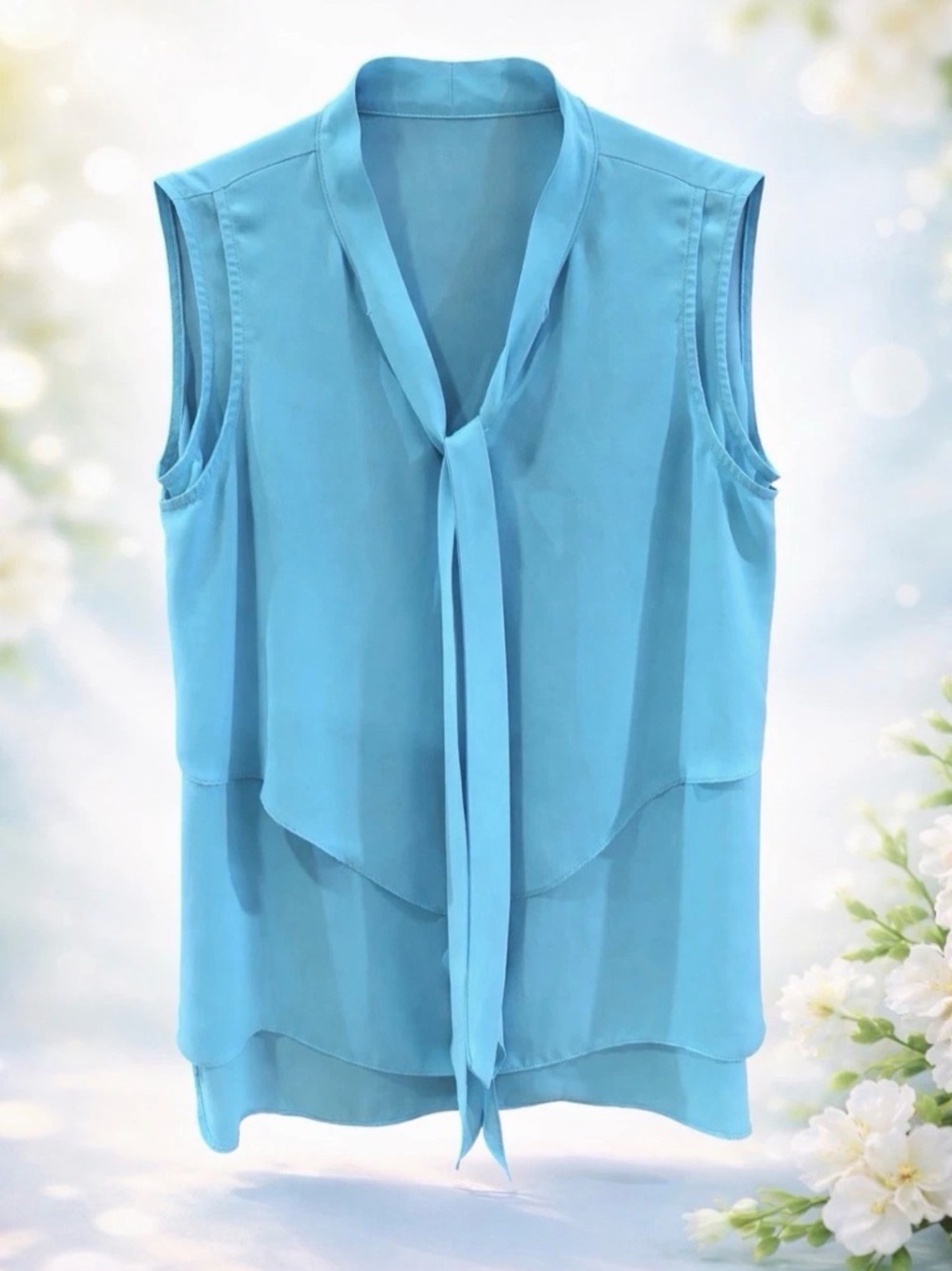 Joseph Ribkoff Aqua Blue Sheer Tunic Sleeveless Tie Neck Blouse Size 8 VGC